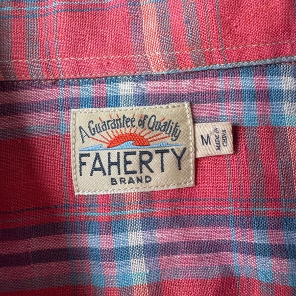 Faherty Linen Laguna Shirt Coral Seas Plaid Medium 100% Linen Mens Resort Casual - Picture 5 of 7